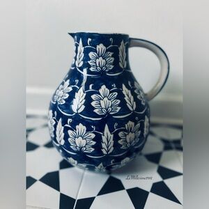 Vintage Blue & White Floral Water Pitcher – Hand Painted | Cottage Style Decor